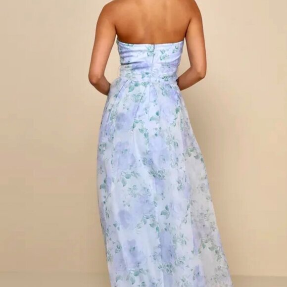 NWT Lulus Charming Sweetness Periwinkle Blue Floral Strapless Organza Maxi Dress - Picture 4 of 11